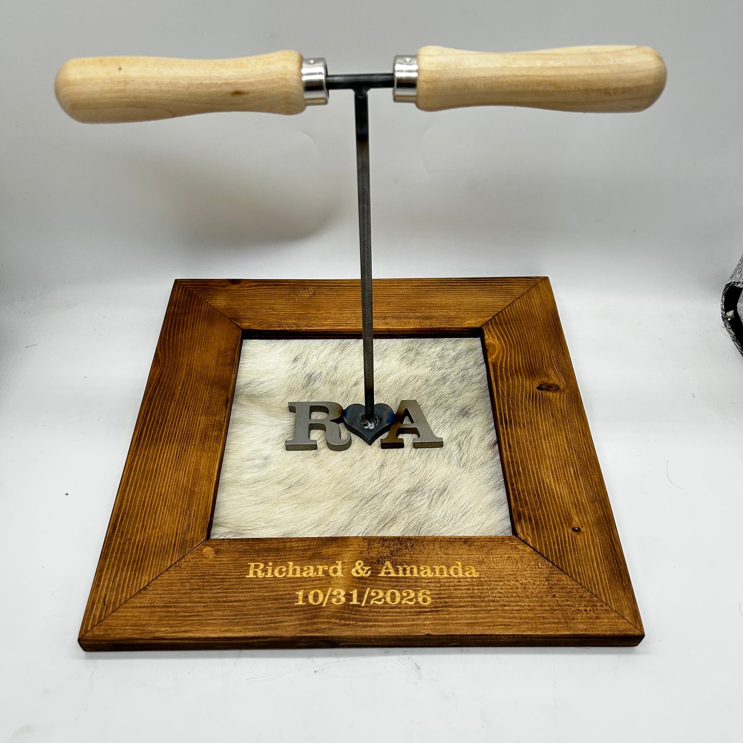 Wedding Branding Iron with Frame and Hide. Dark Walnut.