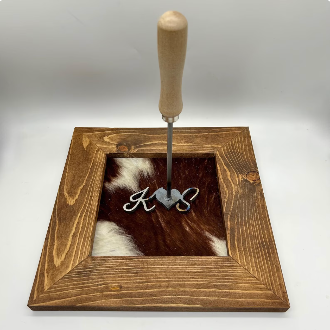 Dark Walnut Cowhide Ceremony Branding Frame with Branding Iron