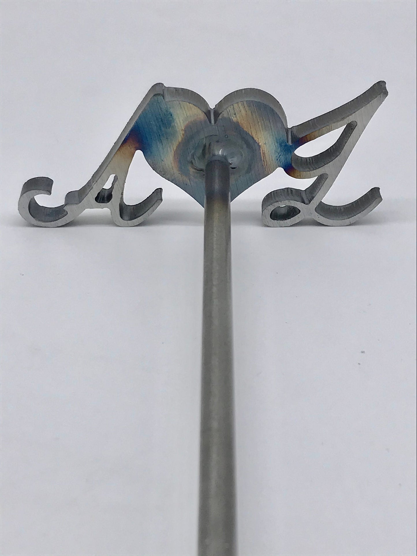 Front View - First Initials Branding Iron. First initial with a heart in the center and then the last initial. 12" long. For anniversaries, weddings, and BBQ