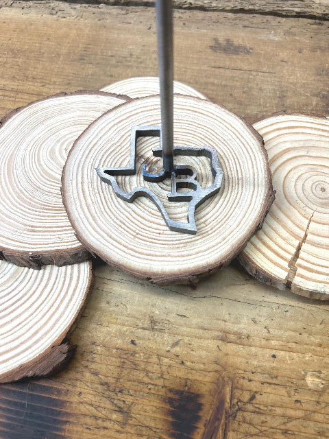 Custom Texas BBQ Branding Iron on wood slices