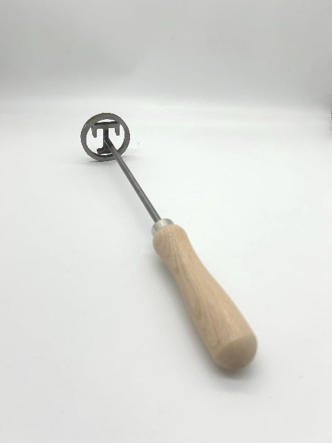 circular Steel Branding Iron with letter in the middle. 12" long.