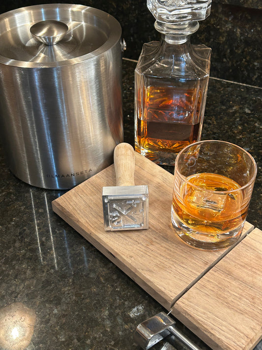 Custom Ice Stamp with ice cube in bourbon