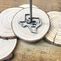 Custom Texas BBQ Branding Iron on wood slices